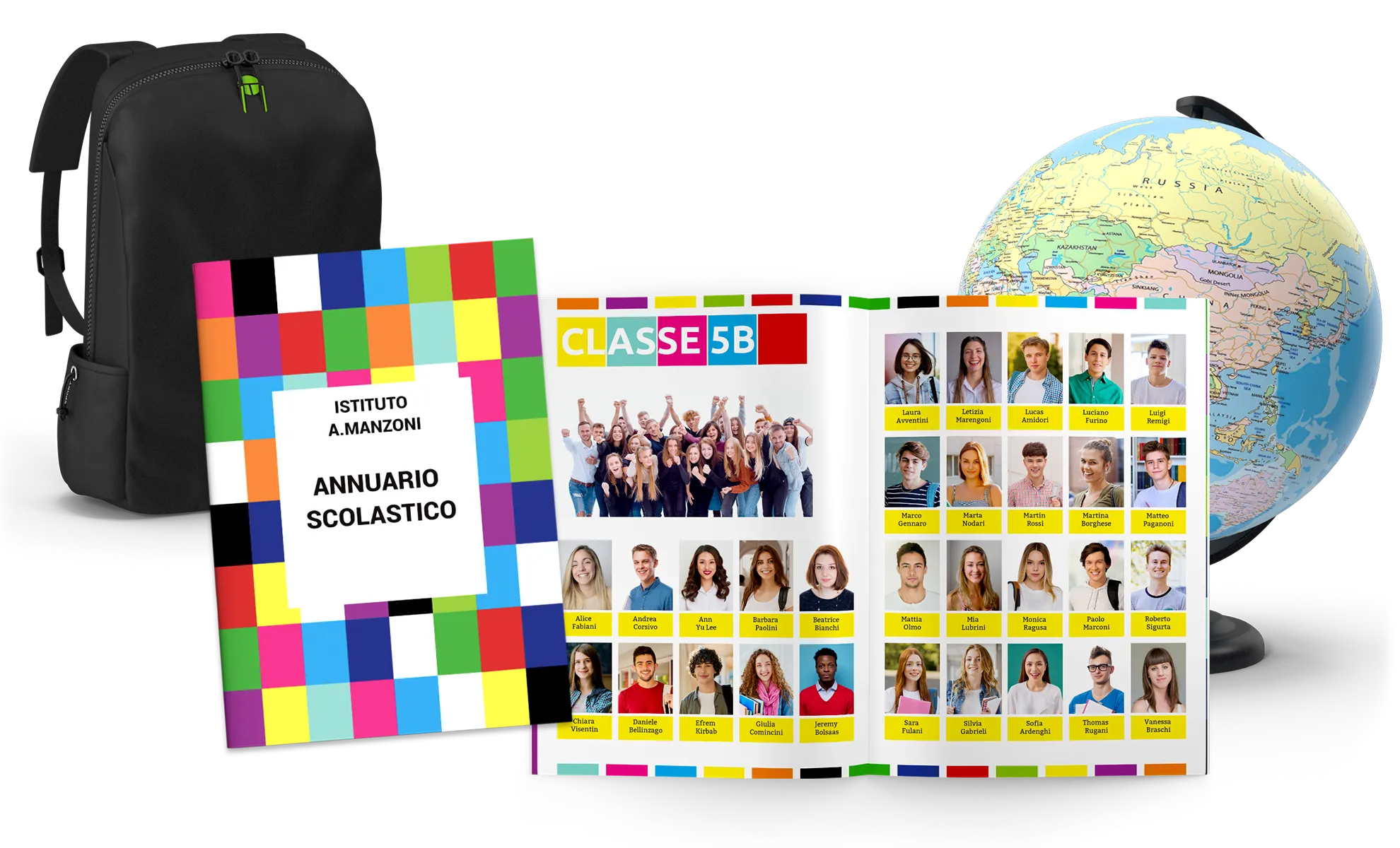 Custom school yearbook with class portraits, green chalkboard, backpack and globe