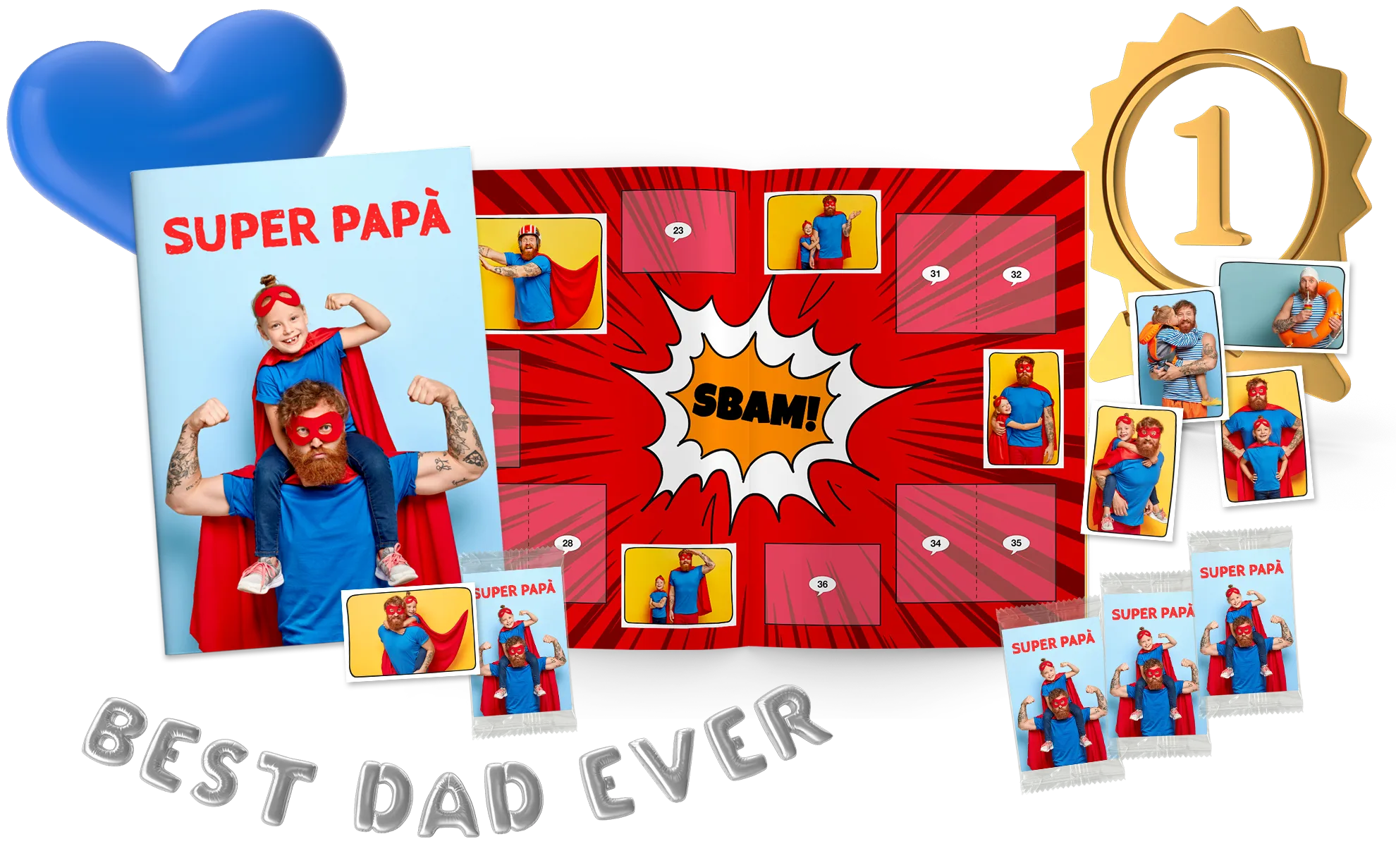 Personalized fathers day gift album with super dad comic theme and custom sticker packs