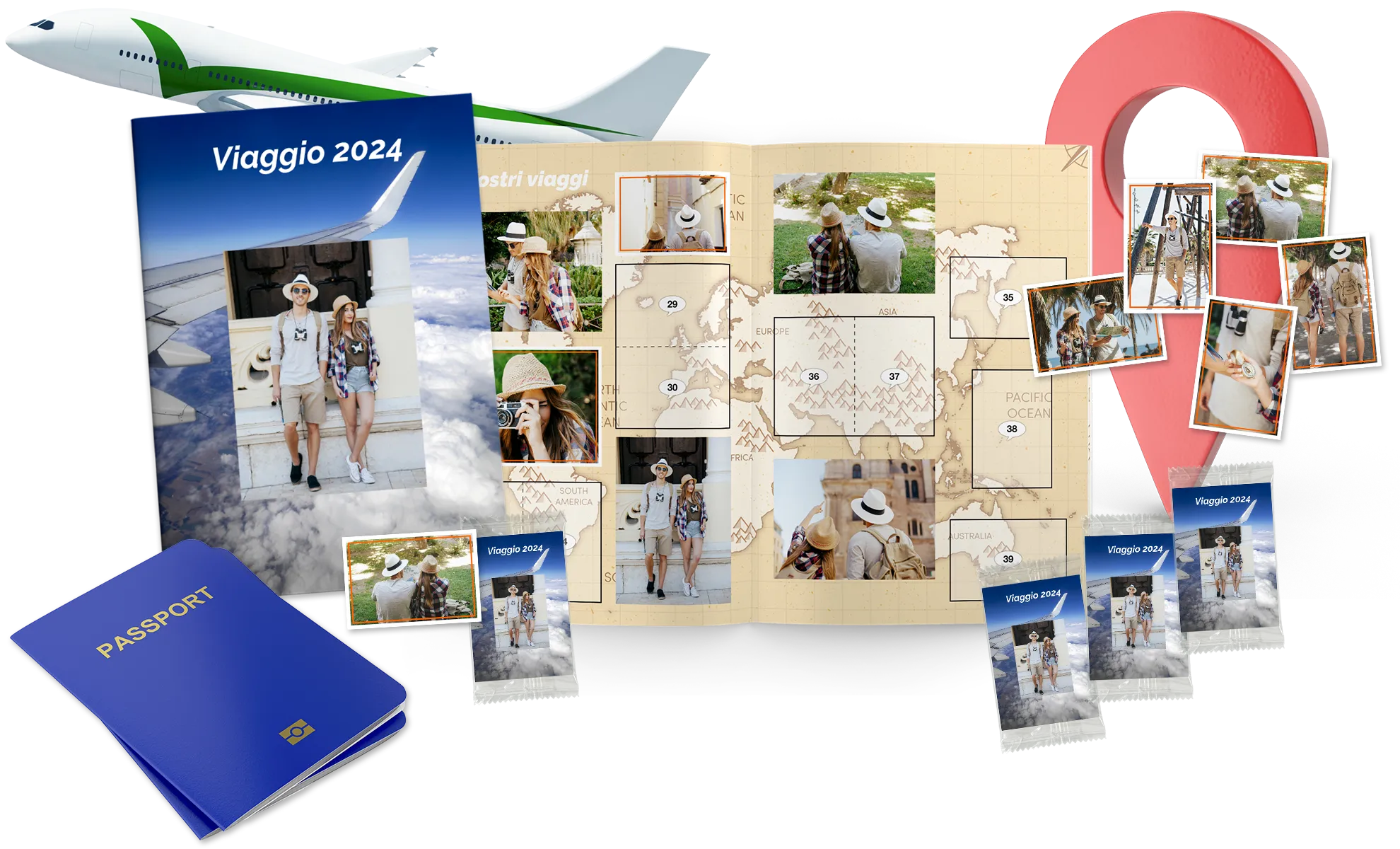 Custom travel gift photo album with personalized sticker packs and passport graphics
